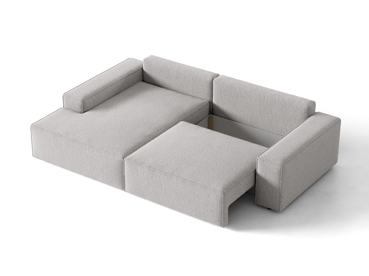 Jodie Boucle Ecksofa links mit Schlaffunktion und Stauraumbox 3 Sitzer in Light Grey-Baloo präsentiert im Onlineshop von KAQTU Design AG. Bettsofa links ist von Micadoni