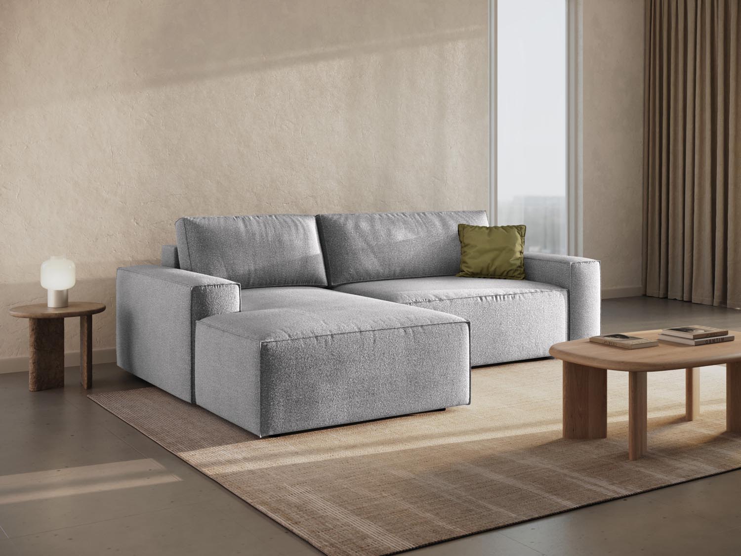 Entdecken Sie das stilvolle Jodie Boucle Ecksofa links von Micadoni – ein 3-Sitzer mit Schlaffunktion und Stauraum für Ihr modernes Wohnzimmer.