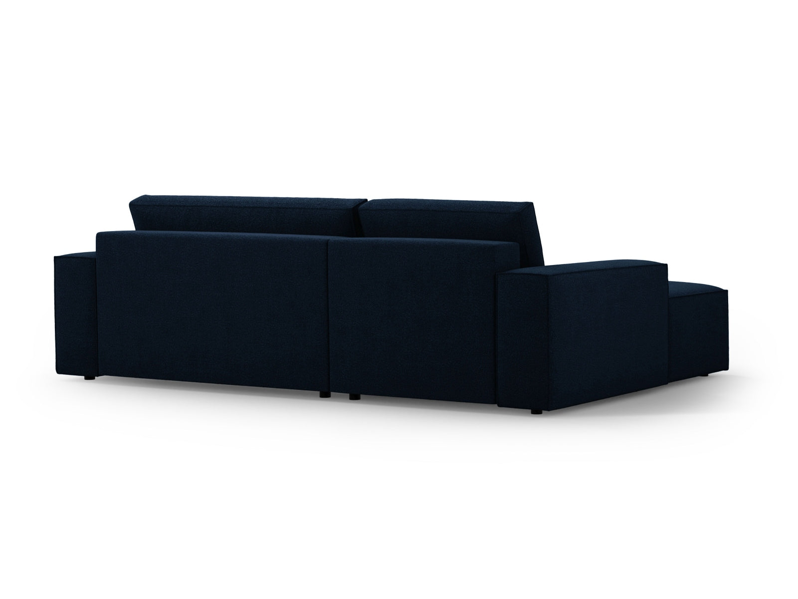 Elegantes Jodie Boucle Ecksofa in Dunkelblau, ideal für stilvolle Wohnräume, mit praktischer Schlaffunktion und Stauraum für zusätzlichen Komfort.