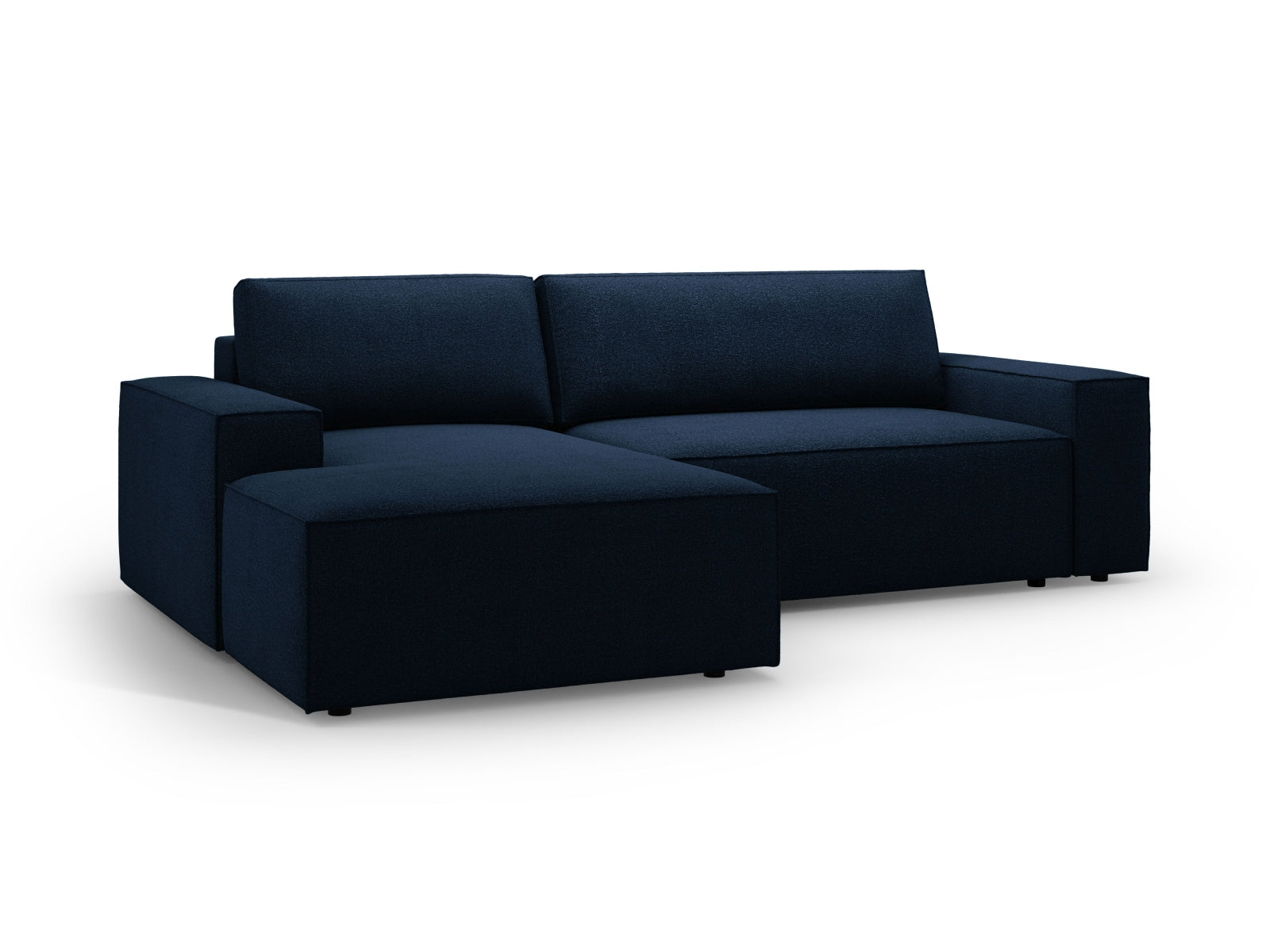 Elegantes Jodie Boucle Ecksofa in tiefem Blau, linksseitig, bietet eine komfortable Schlaffunktion und integrierten Stauraum für optimale Raumnutzung.