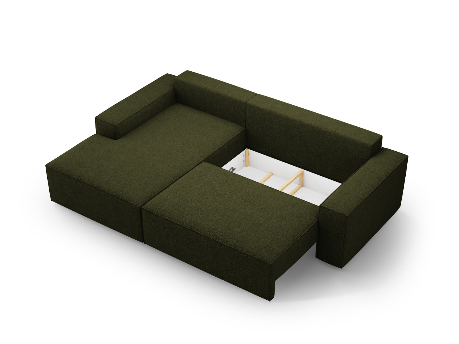 Elegantes Jodie Boucle Ecksofa in Dunkelolivgrün, perfekt für gemütliche Stunden und als Schlafsofa, bietet zusätzlichen Stauraum.