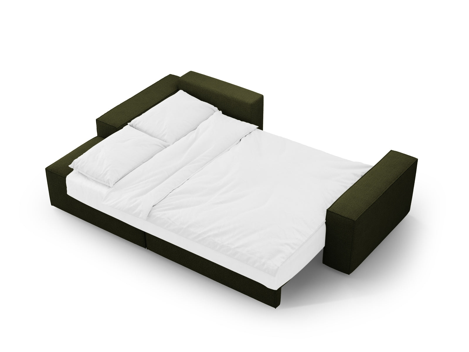 Stylisches Jodie Boucle Ecksofa in Dunkelolivgrün, ideal für entspannte Abende und als Schlafgelegenheit mit praktischem Stauraum.