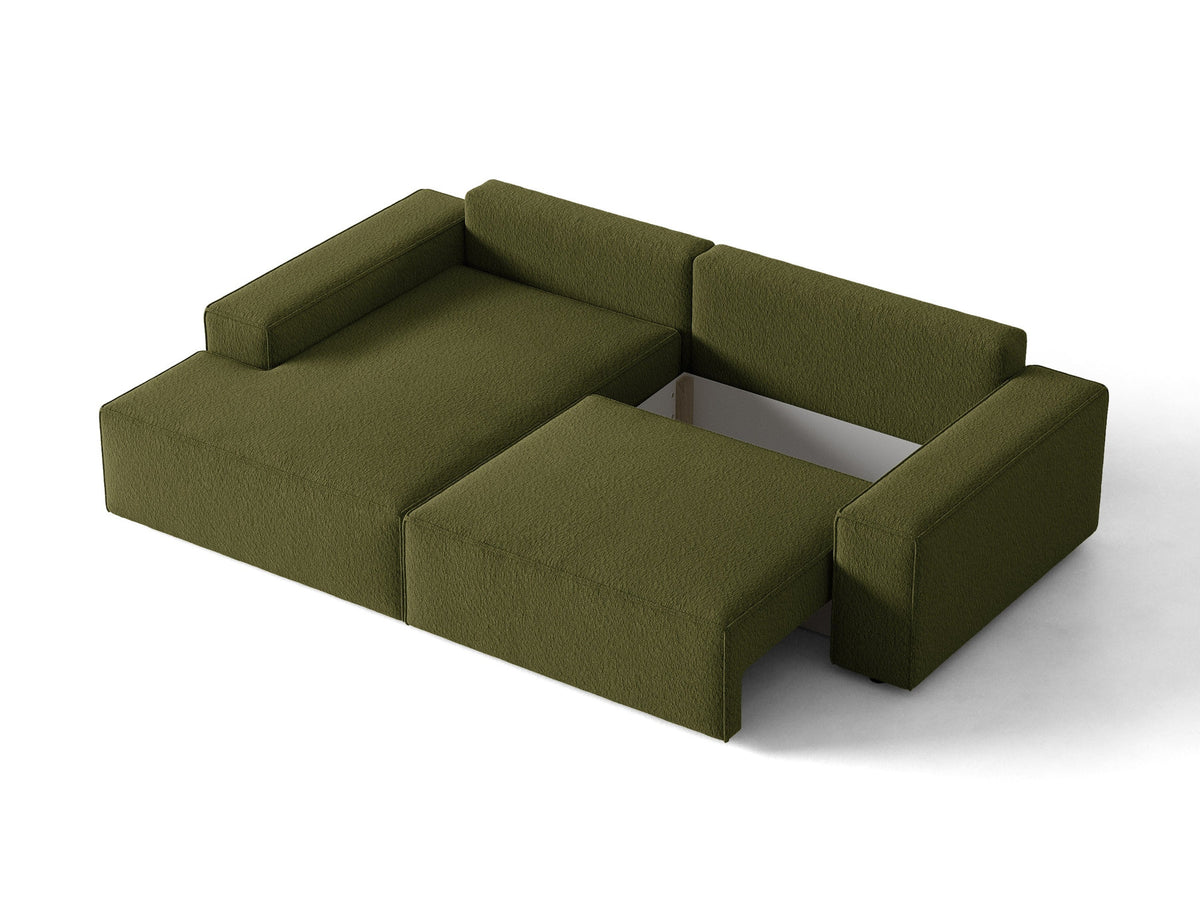 Jodie Boucle Ecksofa links mit Schlaffunktion und Stauraumbox 3 Sitzer in Dark Olive Green-Baloo präsentiert im Onlineshop von KAQTU Design AG. Bettsofa links ist von Micadoni