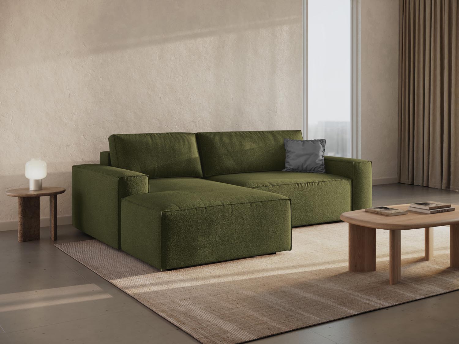 Elegantes Jodie Boucle Ecksofa in Dunkelolivgrün, ideal für stilvolle Wohnräume, mit praktischer Schlaffunktion und Stauraum.