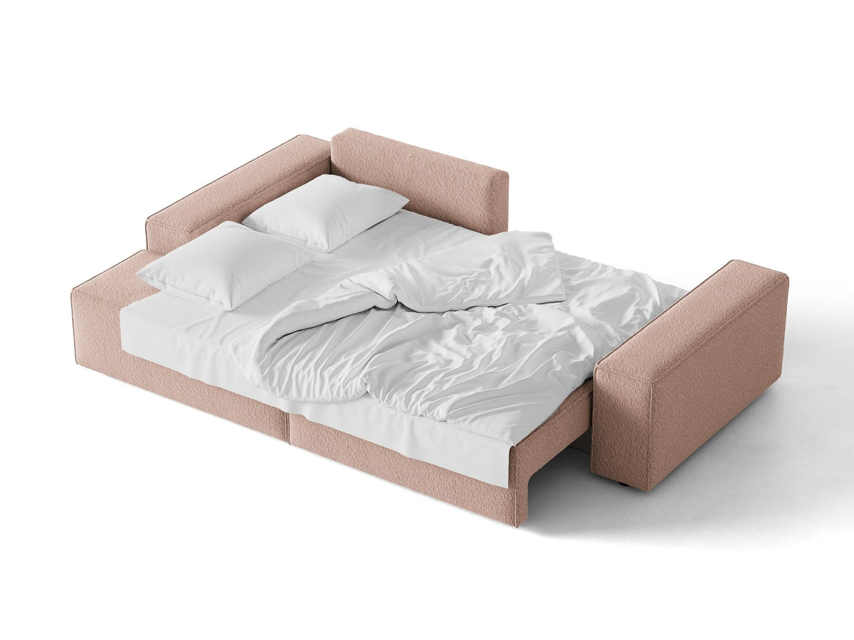 Braunes Ecksofa Jodie von Micadoni mit linker Ausrichtung, Baloo-Stoffbezug, schwarzen Kunststoffbeinen und ausklappbarem Bettkasten.