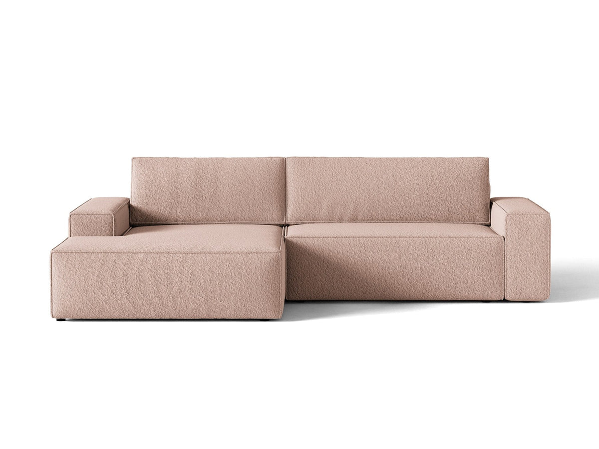 Braunes Ecksofa Jodie von Micadoni mit linker Ausrichtung, Baloo-Stoffbezug, schwarzen Kunststoffbeinen und ausklappbarem Bettkasten.