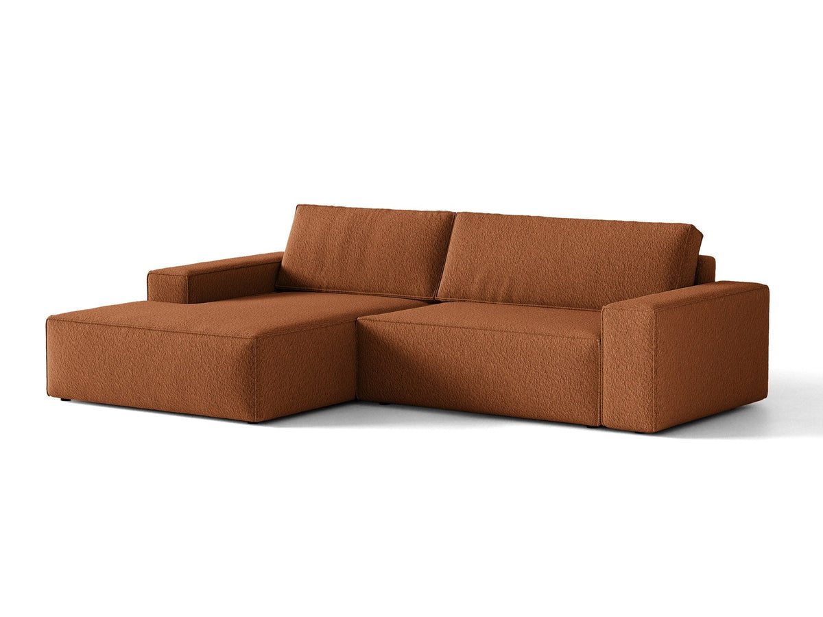 Braunes Ecksofa Jodie von Micadoni mit linker Ausrichtung, Baloo-Stoffbezug, schwarzen Kunststoffbeinen und ausklappbarem Bettkasten.