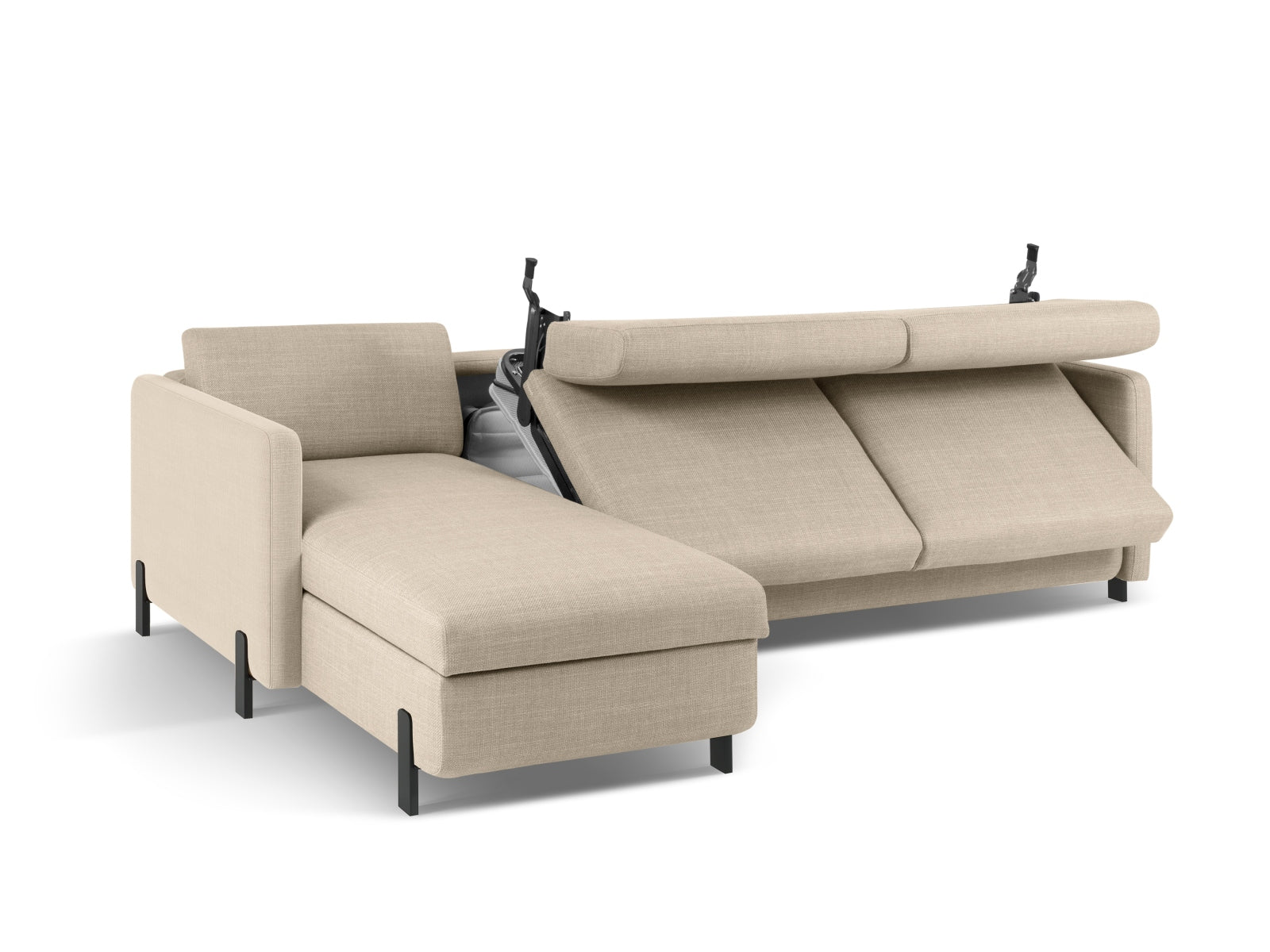 Beige 5-Sitzer Ecksofa Gloria links, multifunktional mit Schlaffunktion und Stauraum, ideal für stilvolle Wohnräume und entspannte Nächte.
