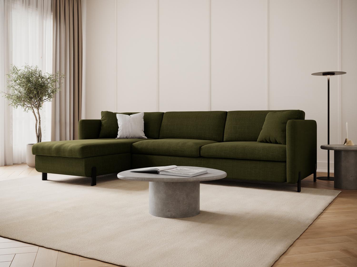 Stylisches Gloria Ecksofa links in Grün mit Schlaffunktion und Stauraum, ideal für moderne Wohnräume und Gästeübernachtungen.