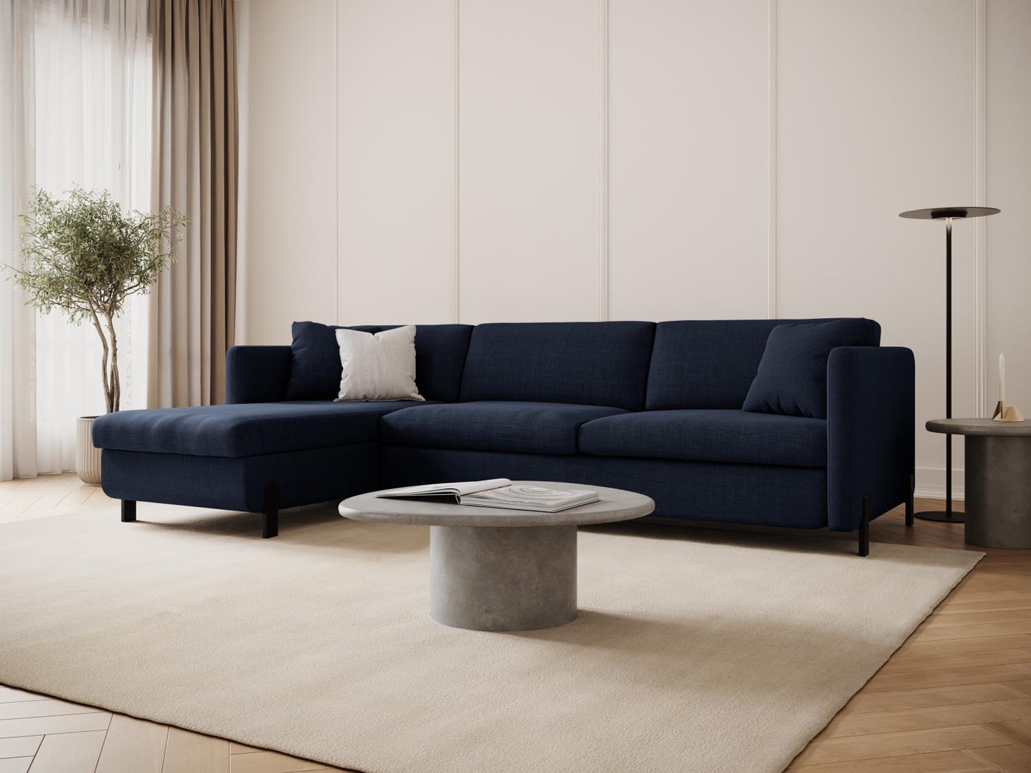 Stylisches Gloria Ecksofa links in Blau mit Schlaffunktion und Stauraum, ideal für moderne Wohnräume und gemütliche Abende.