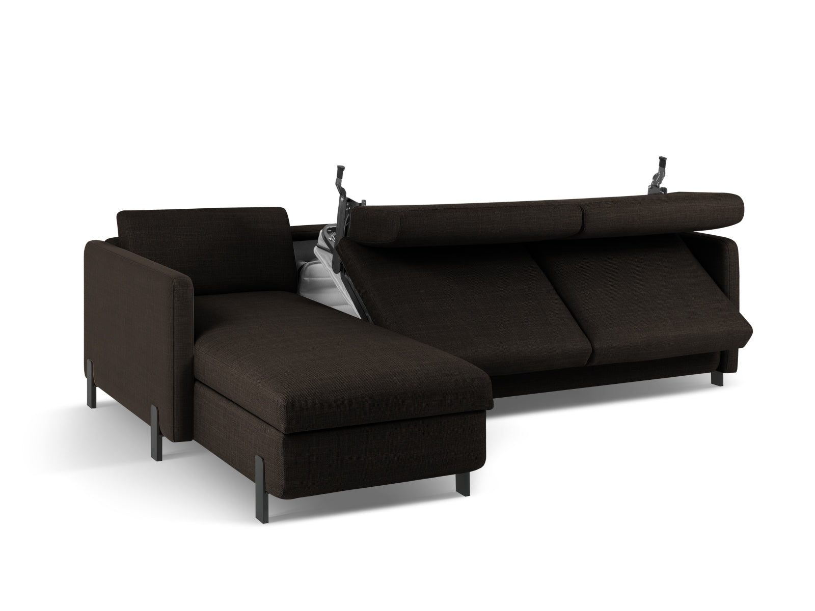 Stylisches Ecksofa Gloria in Dunkelgrau, linksseitig, bietet eine praktische Schlaffunktion und Stauraum für optimale Raumnutzung.