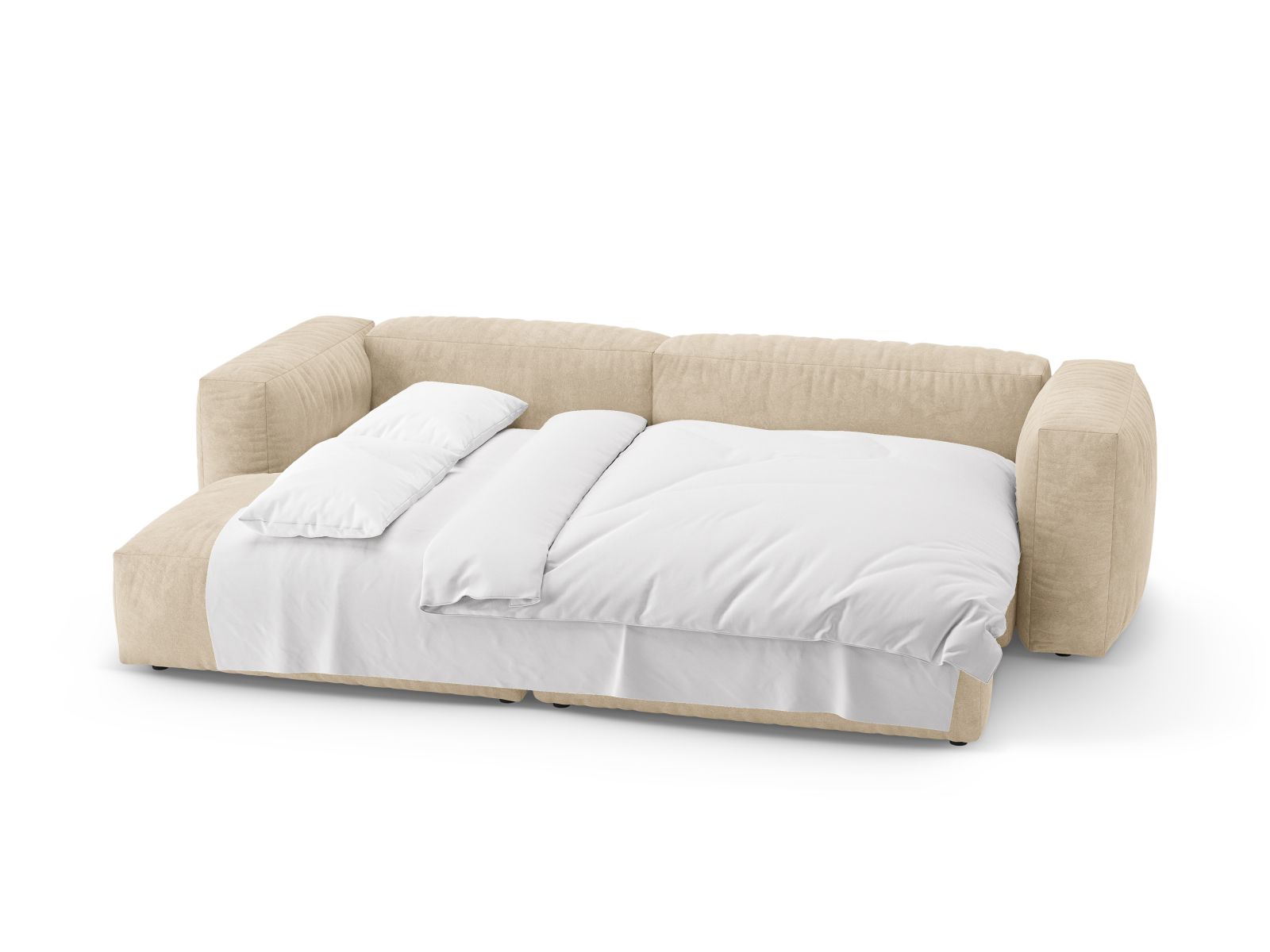 Beige 4-Sitzer Ecksofa Martina mit Schlaffunktion, perfekt für gemütliche Abende und als zusätzlicher Schlafplatz für Übernachtungsgäste.