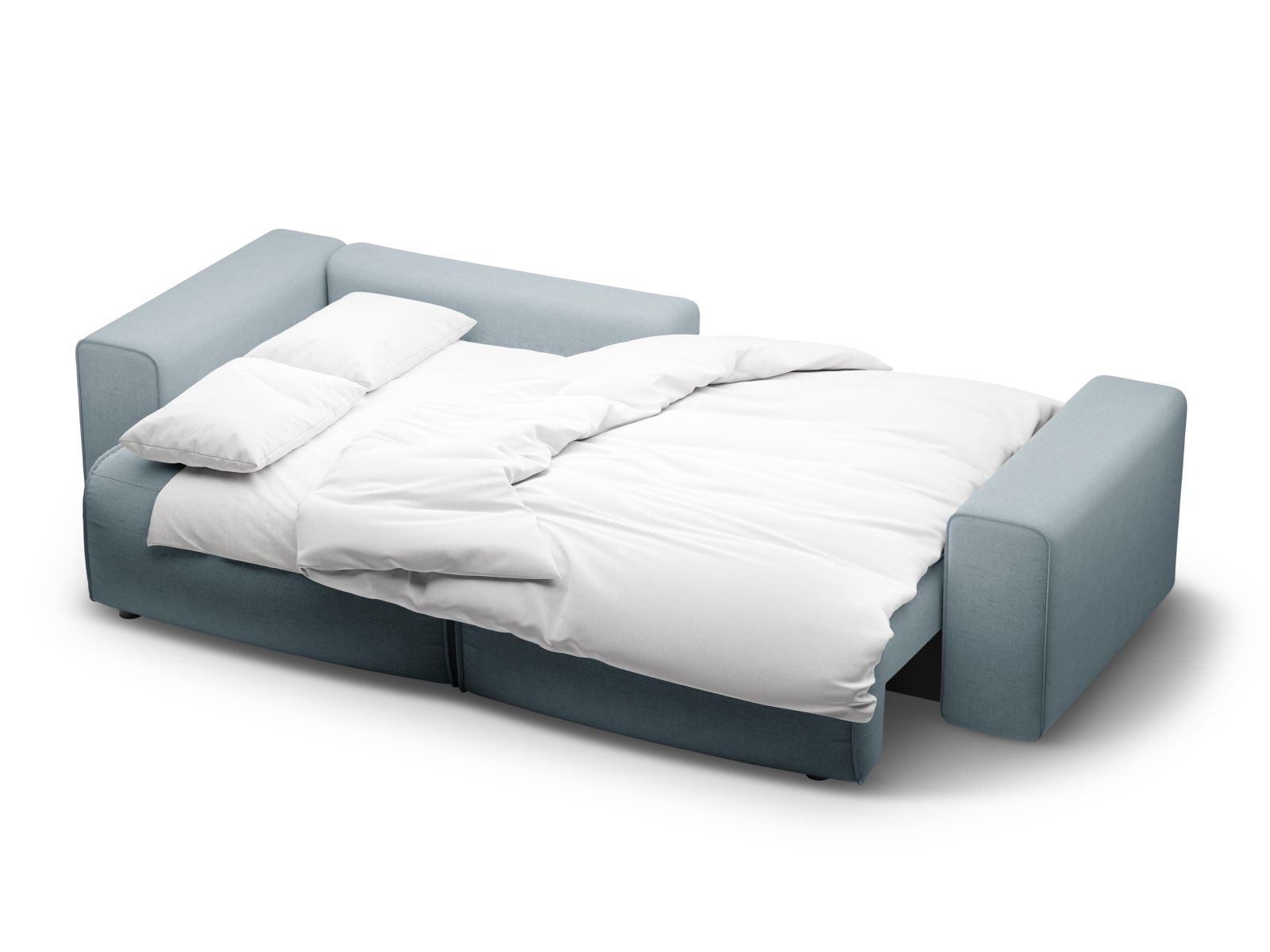 Modernes 3-Sitzer Ecksofa Victor in elegantem Hellblau, perfekt für jedes Wohnzimmer, bietet zusätzlichen Schlafplatz und Stauraum.