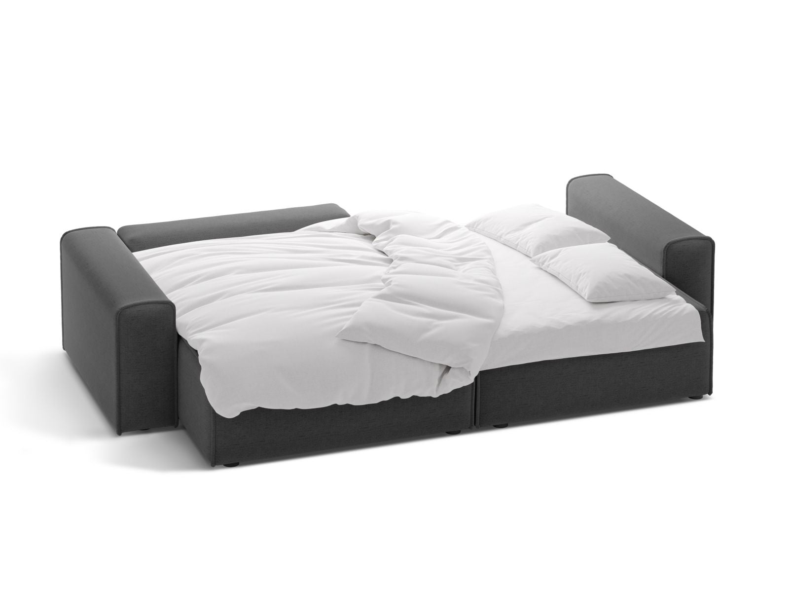 Elegantes 3-Sitzer Ecksofa Victor in dunklem Grau, bietet eine komfortable Schlaffunktion und cleveren Stauraum für Ihr Zuhause.