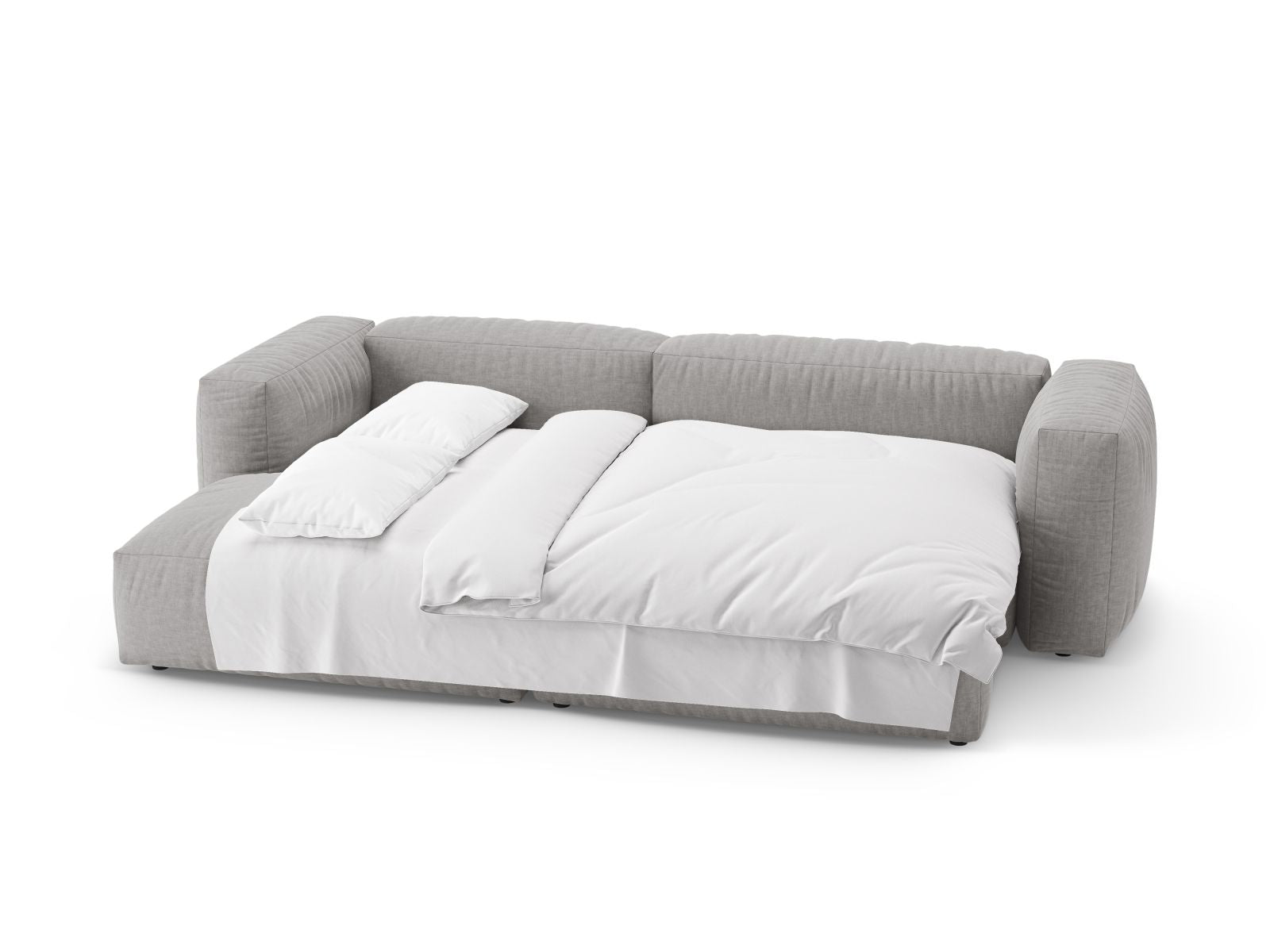 Modernes 4-Sitzer Ecksofa Martina in elegantem Hellgrau, perfekt für gemütliche Wohnzimmer, bietet eine nützliche Bettfunktion für Übernachtungsgäste.