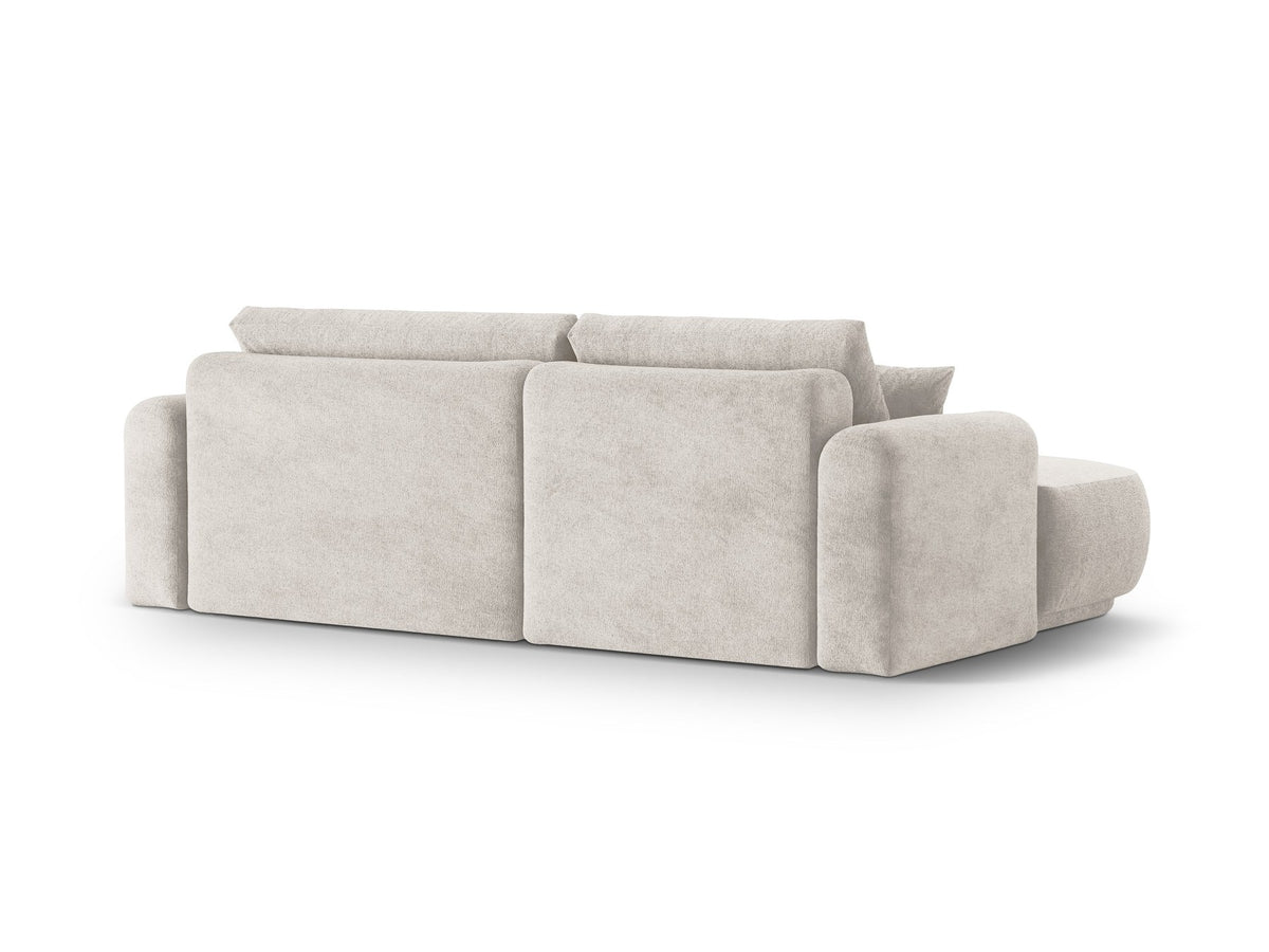 Ecksofa Ella von Micadoni in Leichtes Beige mit Veloursstoff-Bezug, schwarzen Kunststoffbeinen und ausklappbarer Liegefläche links, Retro-Form.