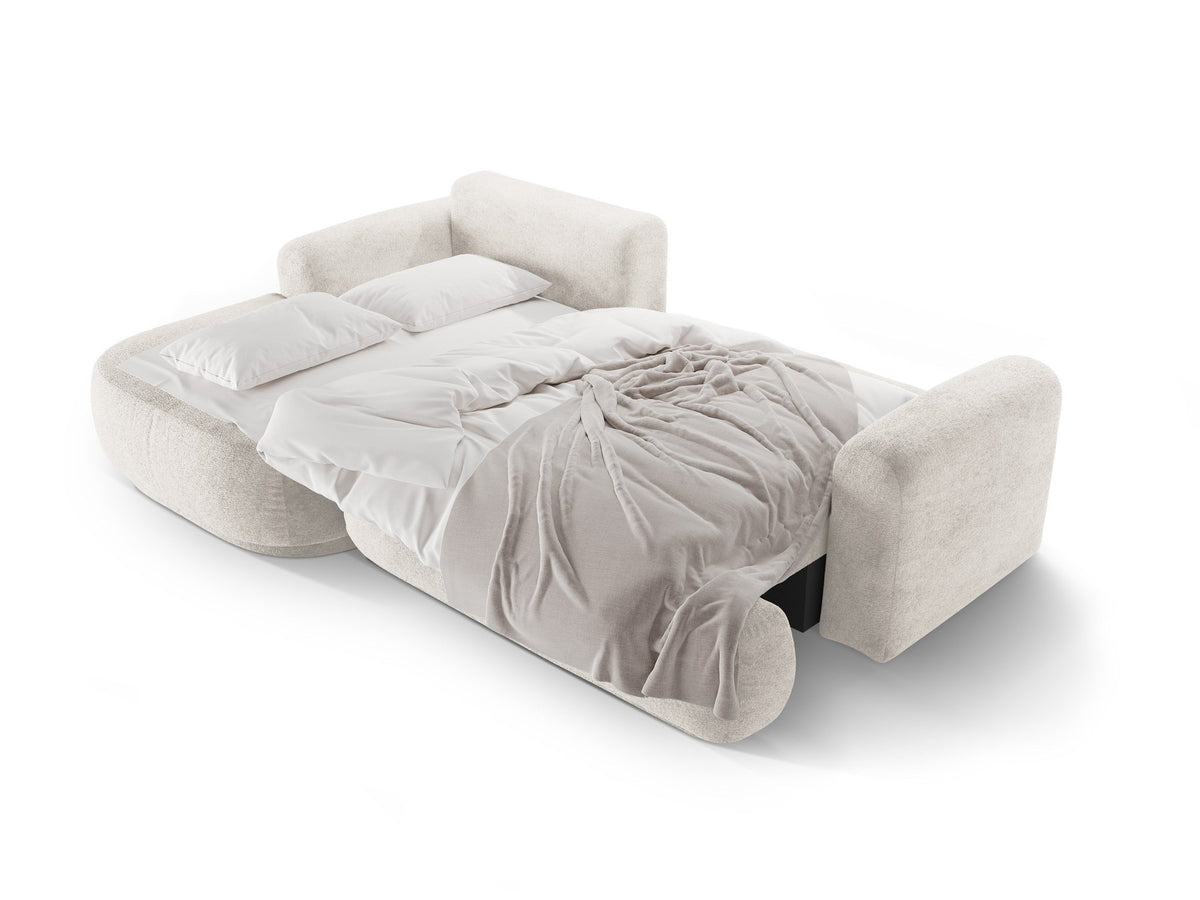 Ecksofa Ella von Micadoni in Leichtes Beige mit Veloursstoff-Bezug, schwarzen Kunststoffbeinen und ausklappbarer Liegefläche links, Retro-Form.
