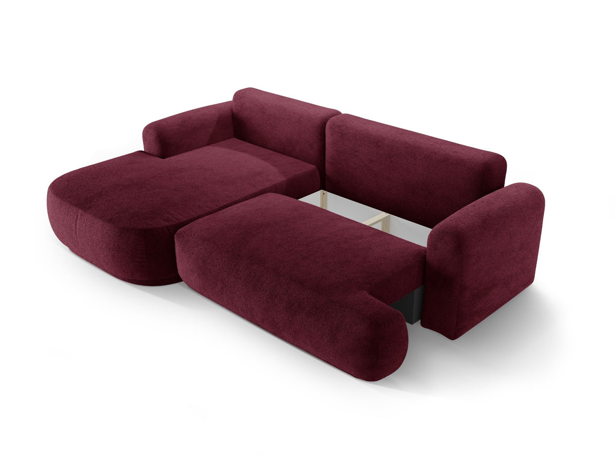 Ecksofa Ella von Micadoni in Leichtes Beige mit Veloursstoff-Bezug, schwarzen Kunststoffbeinen und ausklappbarer Liegefläche links, Retro-Form.
