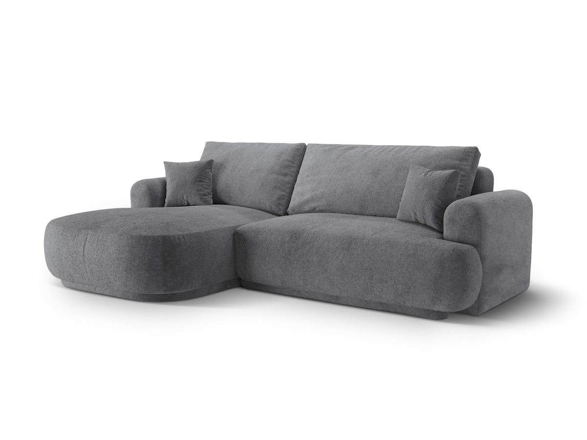 Ecksofa Ella von Micadoni in Leichtes Beige mit Veloursstoff-Bezug, schwarzen Kunststoffbeinen und ausklappbarer Liegefläche links, Retro-Form.