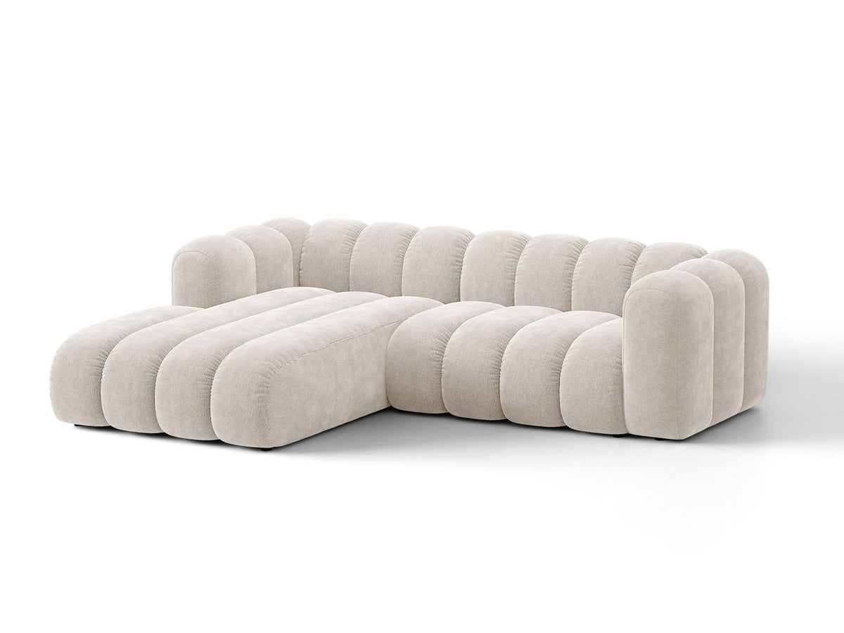 Lupine Ecksofa mit Bettfunktion und Stauraum links, Bezug aus Stoff Eden in Leichtes beige, schwarze Kunststoffbeine, Ecksofa-Form von Micadoni.