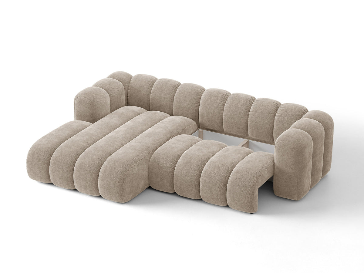 Lupine Ecksofa mit Bettfunktion und Stauraum links, Bezug aus Stoff Eden in Leichtes beige, schwarze Kunststoffbeine, Ecksofa-Form von Micadoni.