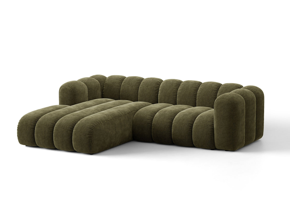 Lupine Ecksofa mit Bettfunktion und Stauraum links, Bezug aus Stoff Eden in Leichtes beige, schwarze Kunststoffbeine, Ecksofa-Form von Micadoni.