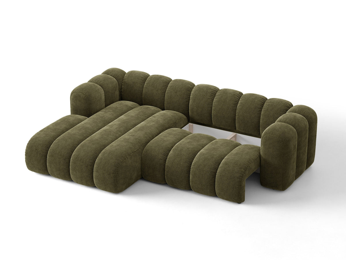 Lupine Ecksofa mit Bettfunktion und Stauraum links, Bezug aus Stoff Eden in Leichtes beige, schwarze Kunststoffbeine, Ecksofa-Form von Micadoni.