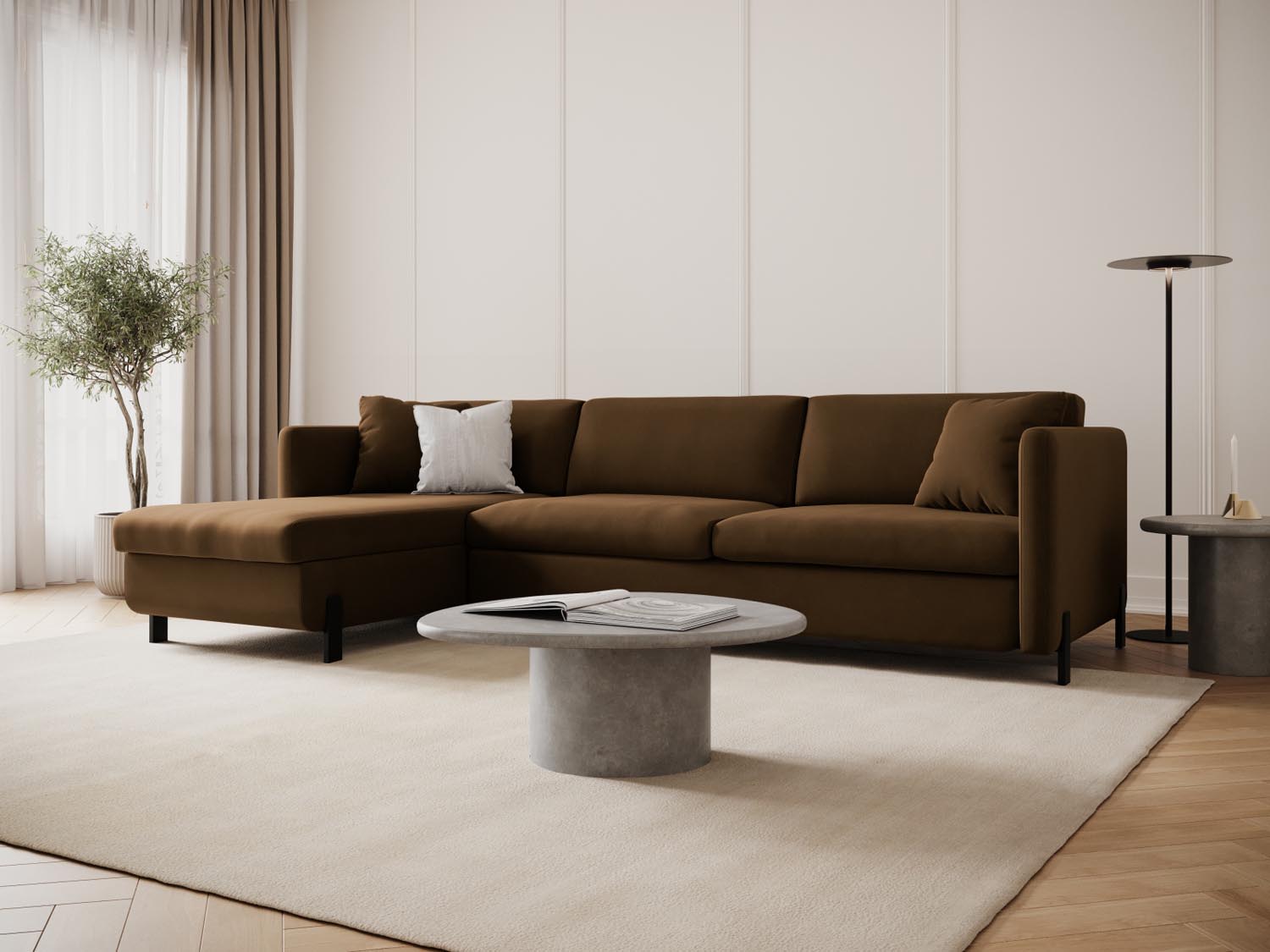 Elegantes Gloria Velour Ecksofa in Schokoladenfarbe, 5-Sitzer mit Schlaffunktion und Stauraum, ideal für stilvolle Wohnräume.
