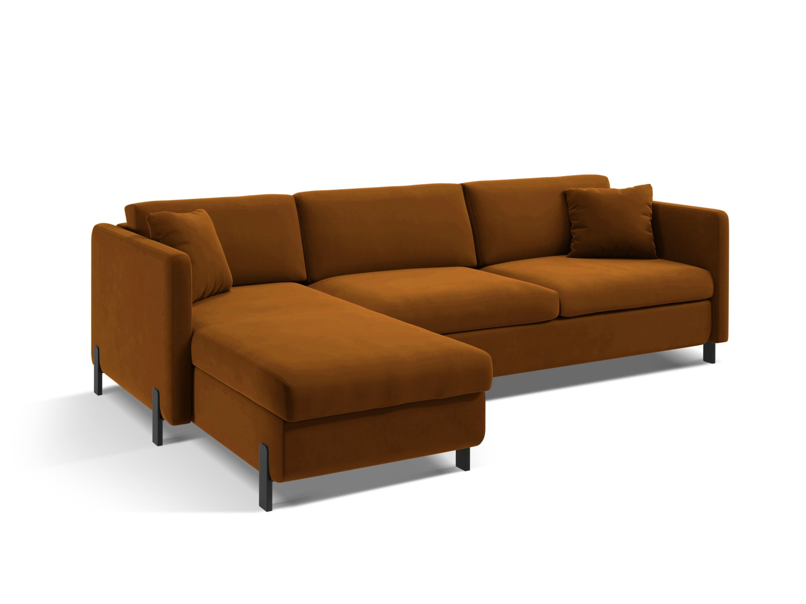 Modernes 5-Sitzer Ecksofa in Velours mit Schlaffunktion und praktischem Stauraum, perfekt für entspannte Abende und Gästeübernachtungen.