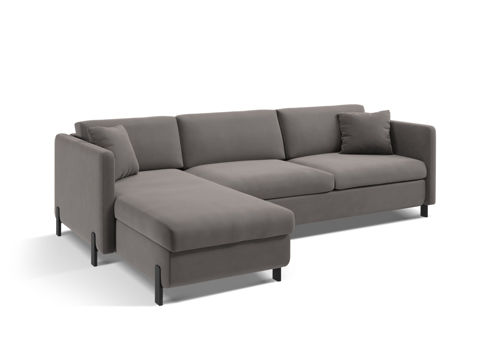 Elegantes linksseitiges Ecksofa Gloria Velour in Grau, 5-Sitzer mit praktischer Schlaffunktion und integriertem Stauraum für zusätzlichen Komfort.