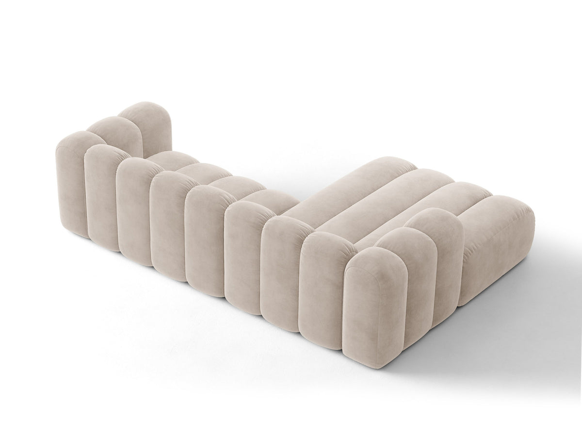 Lupine Ecksofa mit Bettfunktion und Stauraum links, Bezug aus Stoff Eden in Leichtes beige, schwarze Kunststoffbeine, Ecksofa-Form von Micadoni.