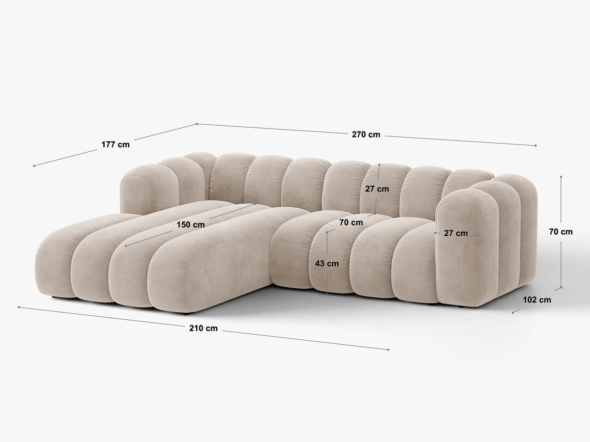 Lupine Ecksofa mit Bettfunktion und Stauraum links, Bezug aus Stoff Eden in Leichtes beige, schwarze Kunststoffbeine, Ecksofa-Form von Micadoni.