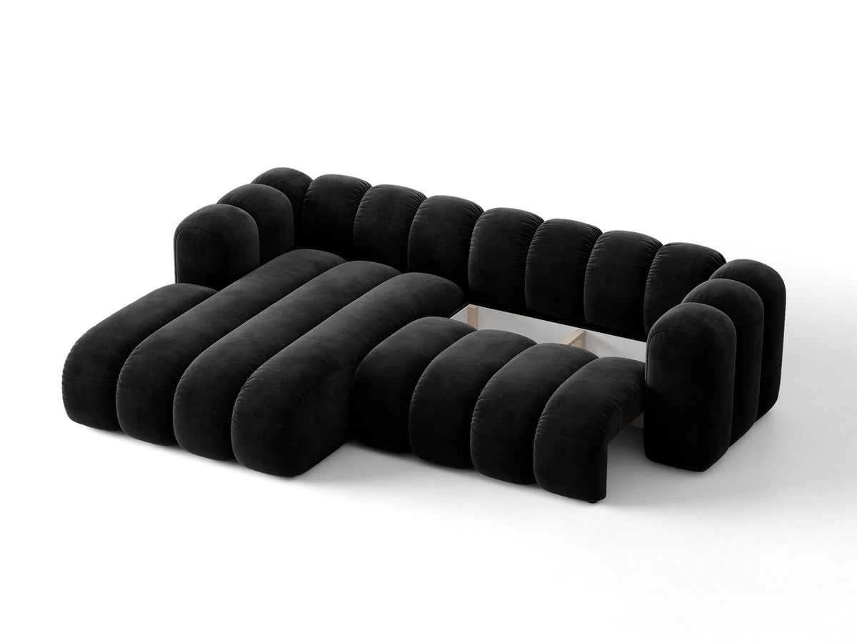 Lupine Ecksofa mit Bettfunktion und Stauraum links, Bezug aus Stoff Eden in Leichtes beige, schwarze Kunststoffbeine, Ecksofa-Form von Micadoni.