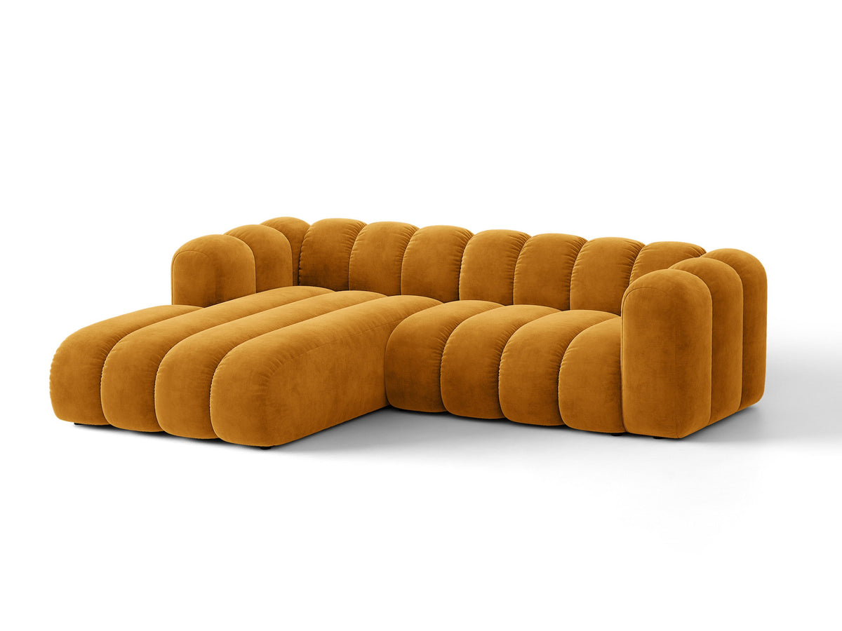 Lupine Ecksofa mit Bettfunktion und Stauraum links, Bezug aus Stoff Eden in Leichtes beige, schwarze Kunststoffbeine, Ecksofa-Form von Micadoni.