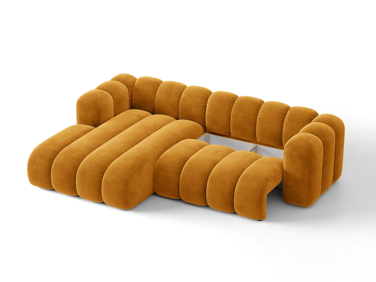 Lupine Ecksofa mit Bettfunktion und Stauraum links, Bezug aus Stoff Eden in Leichtes beige, schwarze Kunststoffbeine, Ecksofa-Form von Micadoni.