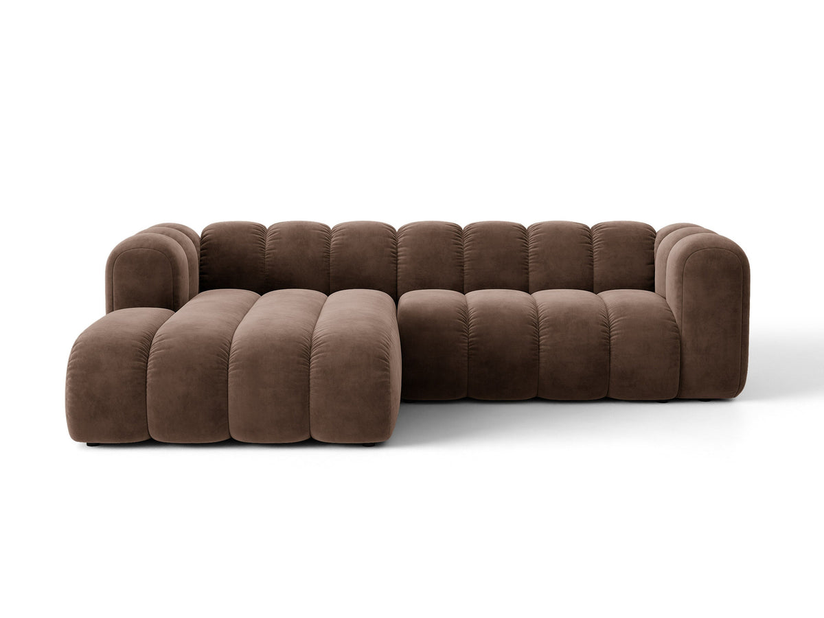 Lupine Ecksofa mit Bettfunktion und Stauraum links, Bezug aus Stoff Eden in Leichtes beige, schwarze Kunststoffbeine, Ecksofa-Form von Micadoni.