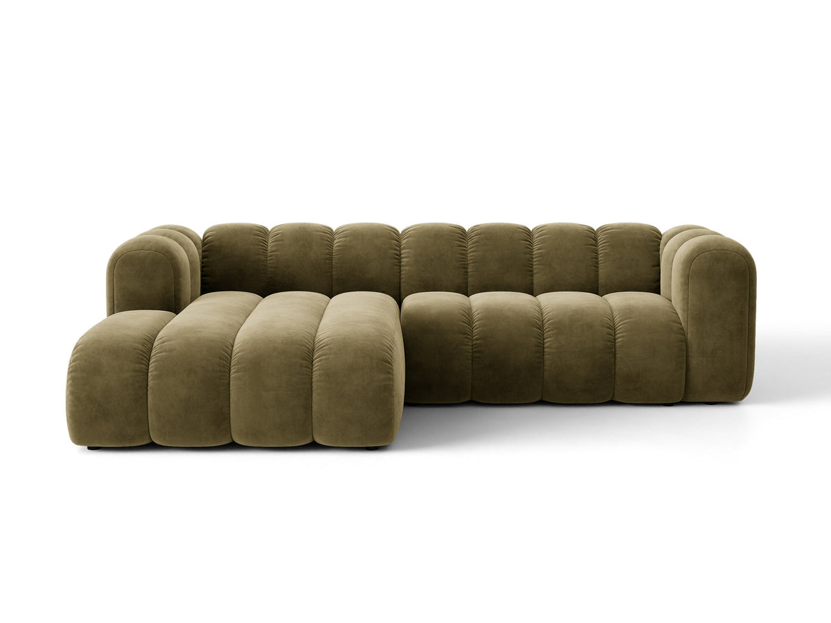 Lupine Ecksofa mit Bettfunktion und Stauraum links, Bezug aus Stoff Eden in Leichtes beige, schwarze Kunststoffbeine, Ecksofa-Form von Micadoni.