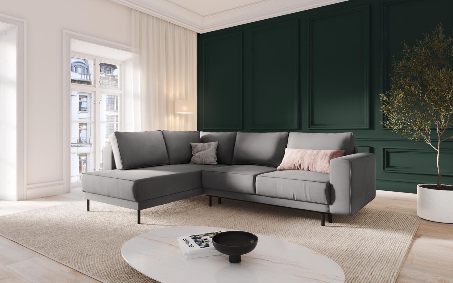 Erleben Sie das elegante Caro Velour Ecksofa von Micadoni – ein 5-Sitzer mit praktischer Schlaffunktion, perfekt für stilvolle Wohnräume und entspannte Nächte.