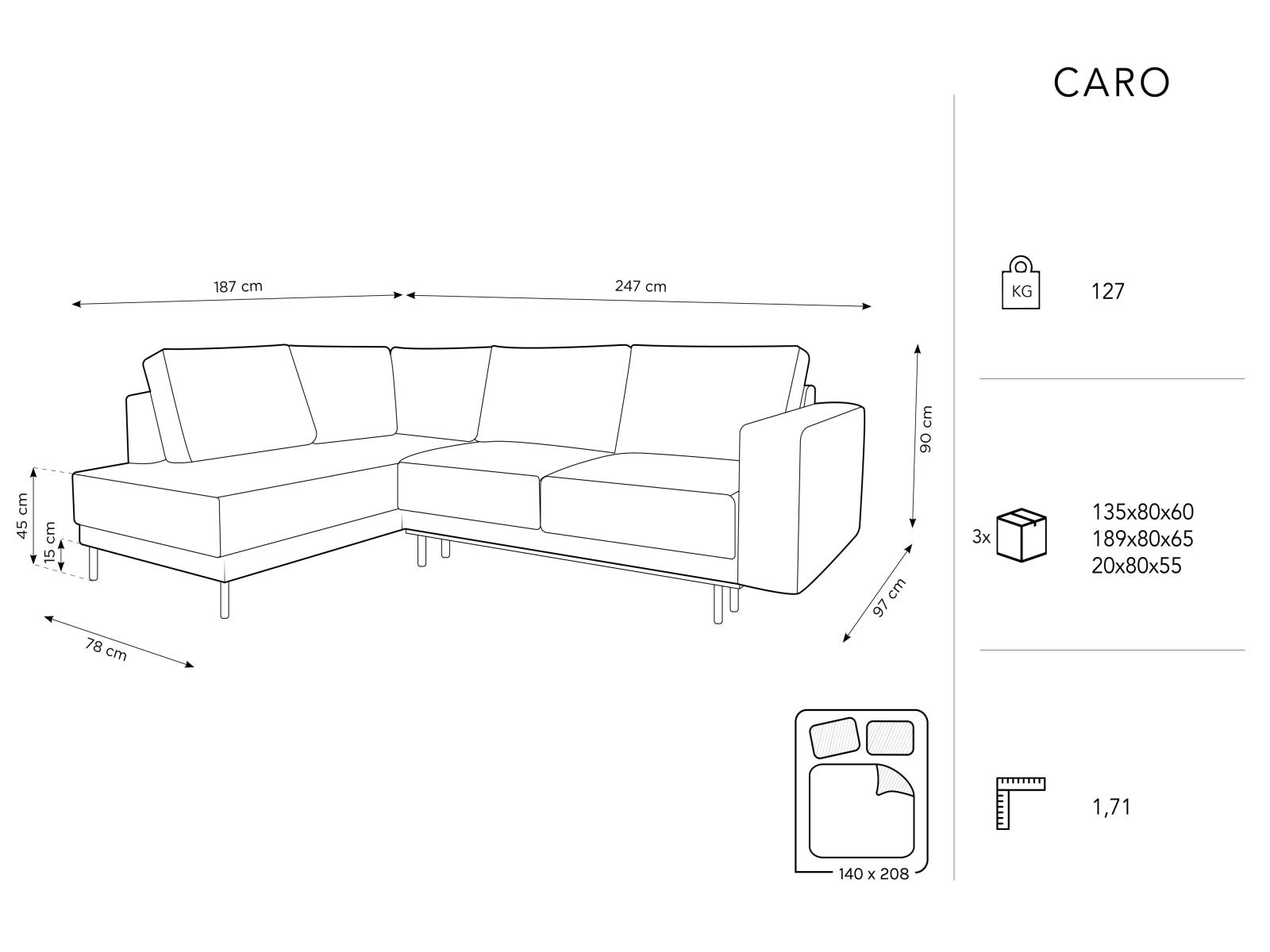Elegantes Caro Velour Ecksofa in Grau-Blau, 5-Sitzer mit Schlafoption, ideal für stilvolle Wohnräume und spontane Übernachtungen.