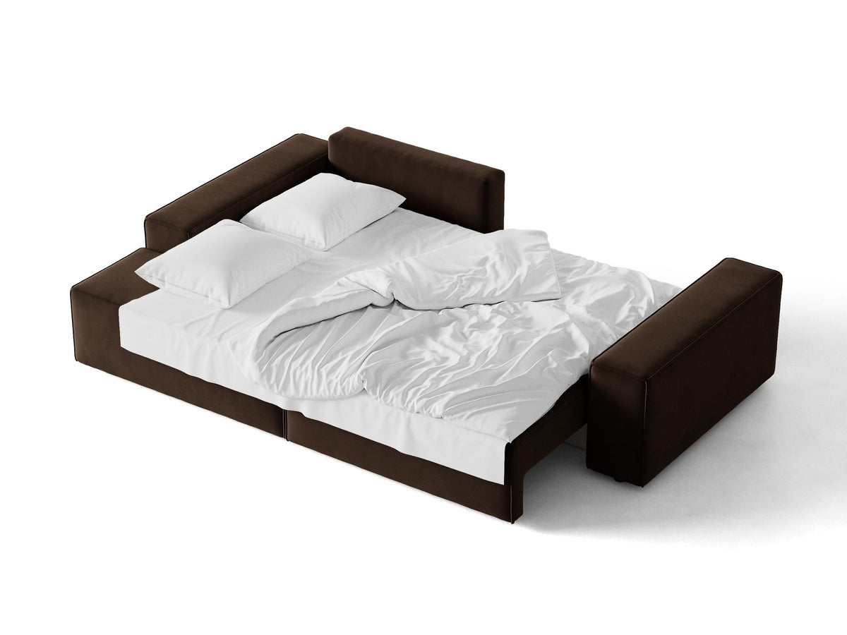 Braunes Ecksofa Jodie von Micadoni mit linker Ausrichtung, Baloo-Stoffbezug, schwarzen Kunststoffbeinen und ausklappbarem Bettkasten.
