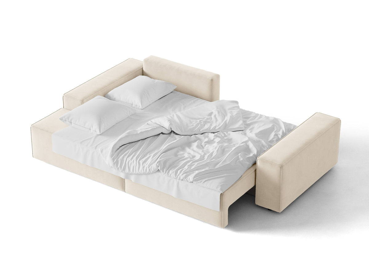 Jodie Velour Ecksofa links mit Schlaffunktion und Stauraumbox 3 Sitzer in Light Beige-Bluvel präsentiert im Onlineshop von KAQTU Design AG. Bettsofa links ist von Micadoni