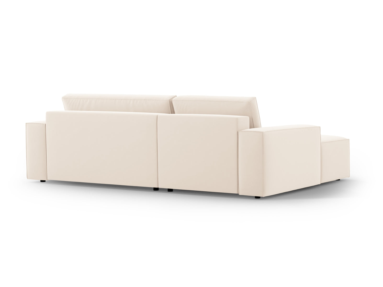 Elegantes Jodie Velour Ecksofa in hellem Beige, ideal für stilvolle Wohnräume, mit praktischer Schlaffunktion und integriertem Stauraum.