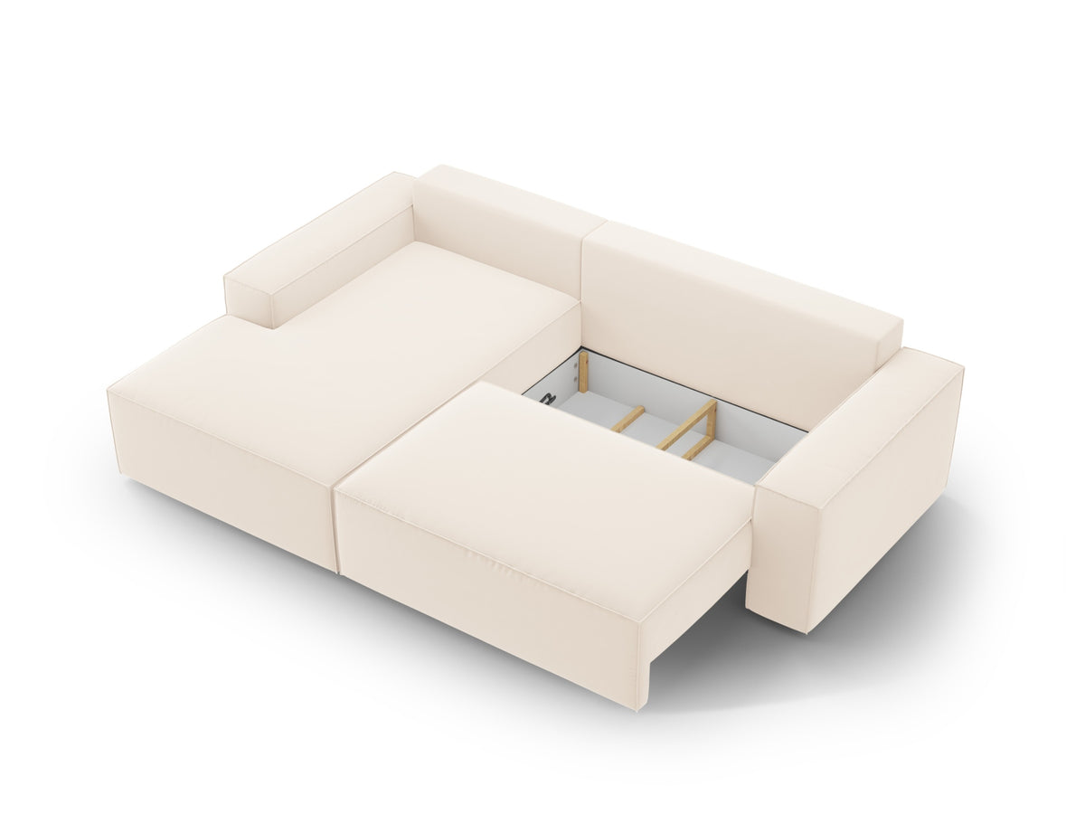 Jodie Velour Ecksofa links mit Schlaffunktion und Stauraumbox 3 Sitzer in Light Beige-Bluvel präsentiert im Onlineshop von KAQTU Design AG. Bettsofa links ist von Micadoni