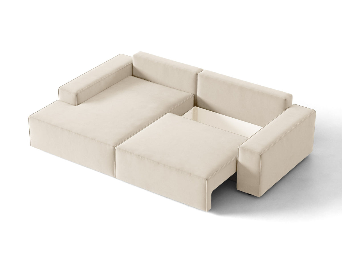 Jodie Velour Ecksofa links mit Schlaffunktion und Stauraumbox 3 Sitzer in Light Beige-Bluvel präsentiert im Onlineshop von KAQTU Design AG. Bettsofa links ist von Micadoni