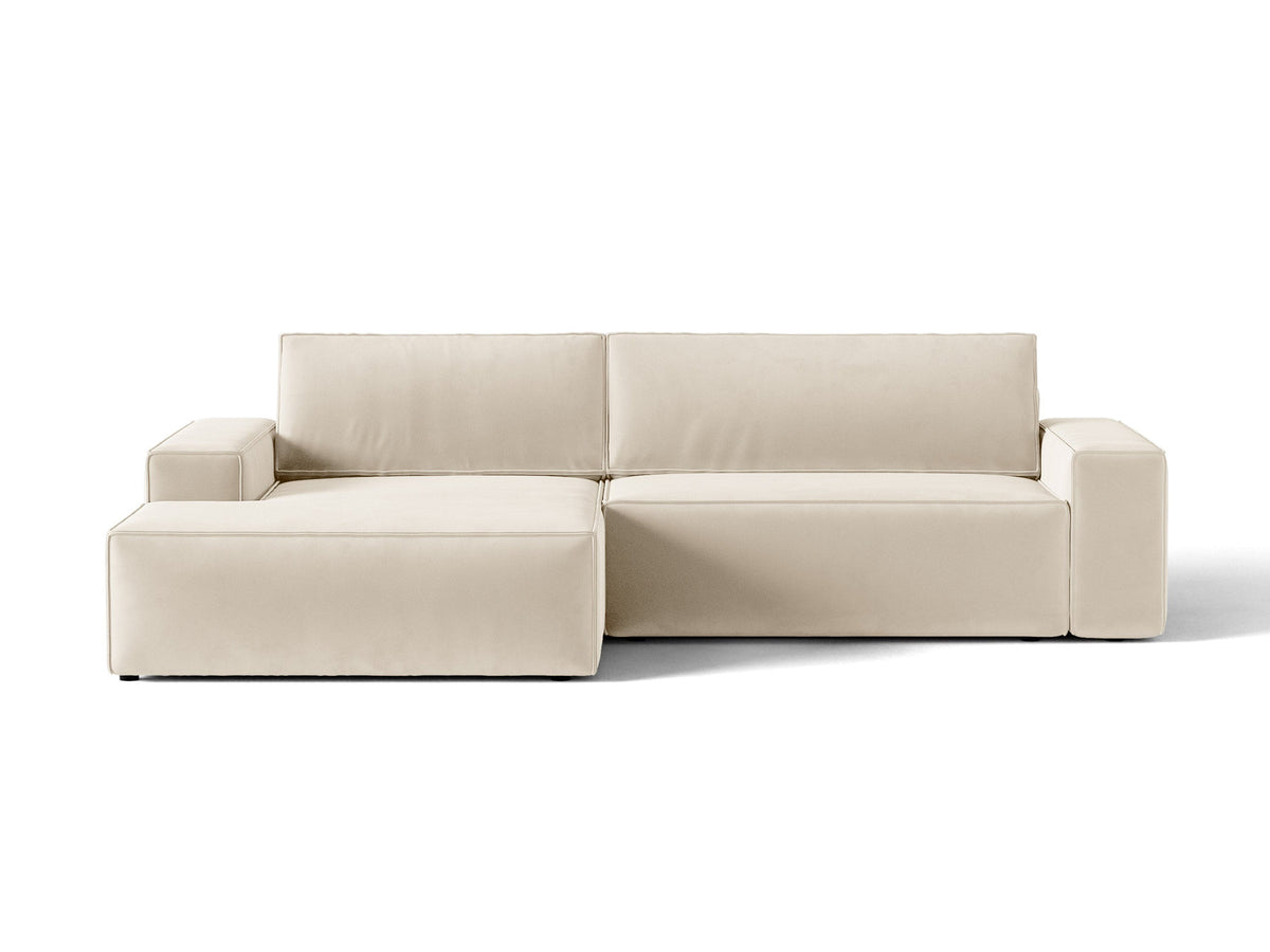 Jodie Velour Ecksofa links mit Schlaffunktion und Stauraumbox 3 Sitzer in Light Beige-Bluvel präsentiert im Onlineshop von KAQTU Design AG. Bettsofa links ist von Micadoni