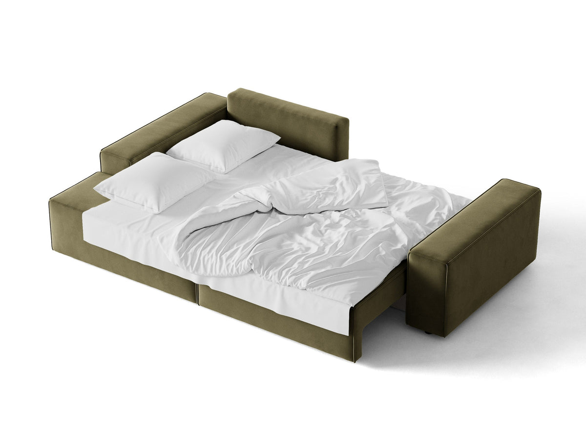 Jodie Velour Ecksofa links mit Schlaffunktion und Stauraumbox 3 Sitzer in Green-Bluvel präsentiert im Onlineshop von KAQTU Design AG. Bettsofa links ist von Micadoni
