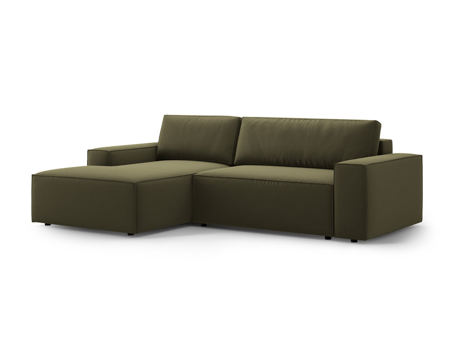Modernes Jodie Velour Ecksofa in sanftem Grün-Bluvel, linksseitig, bietet Schlaffunktion und praktischen Stauraum für Ihr Zuhause.