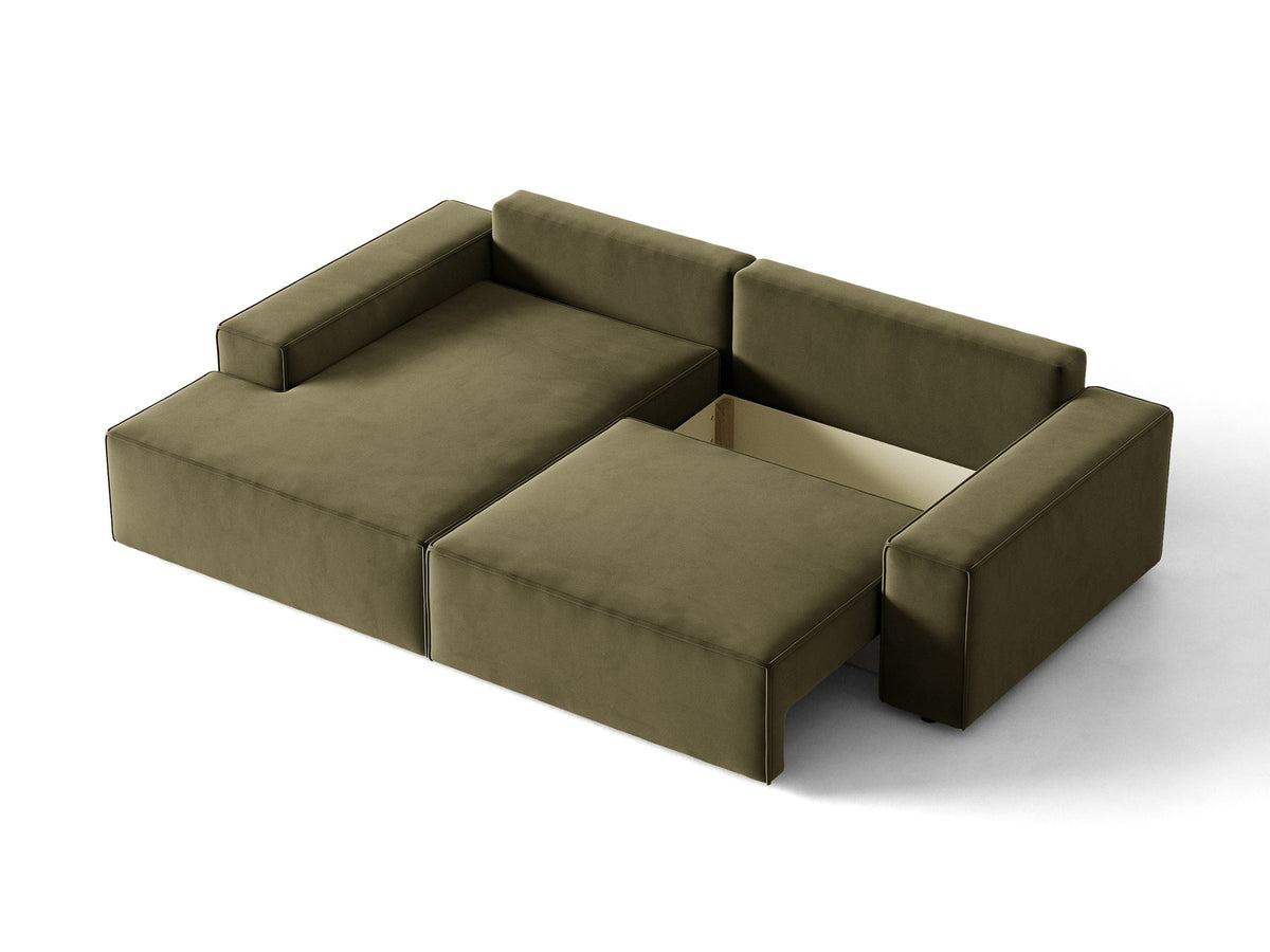 Jodie Velour Ecksofa links mit Schlaffunktion und Stauraumbox 3 Sitzer in Green-Bluvel präsentiert im Onlineshop von KAQTU Design AG. Bettsofa links ist von Micadoni