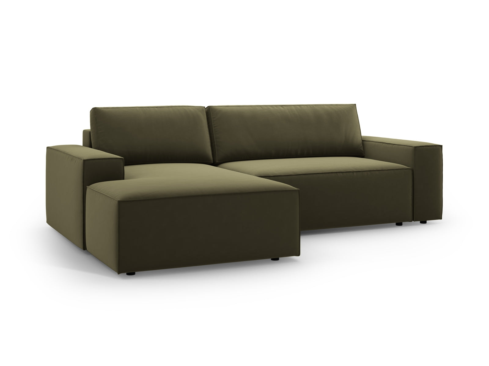 Stylisches Jodie Velour Ecksofa in sanften Grüntönen, linksseitig, ideal für entspannte Abende und als Schlafgelegenheit mit Stauraum.