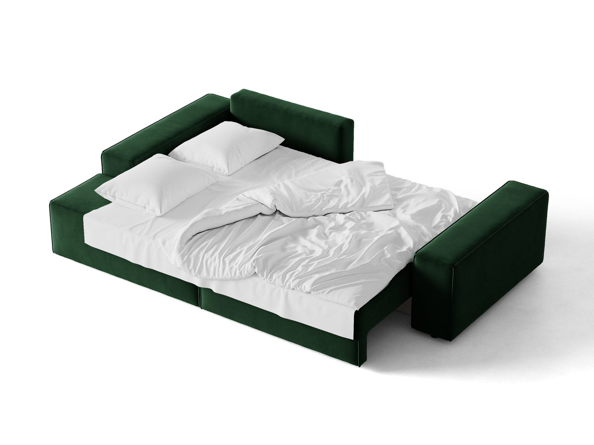 Jodie Velour Ecksofa links mit Schlaffunktion und Stauraumbox 3 Sitzer in Bottle Green-Bluvel präsentiert im Onlineshop von KAQTU Design AG. Bettsofa links ist von Micadoni